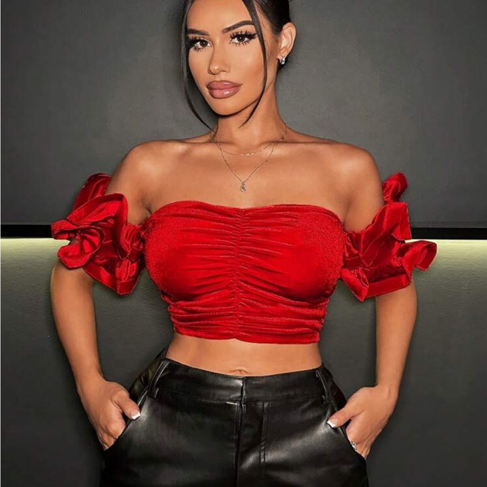 Off Shoulder Ruched Ruffle Trim Crop Velvet Top - Picture 3 of 6